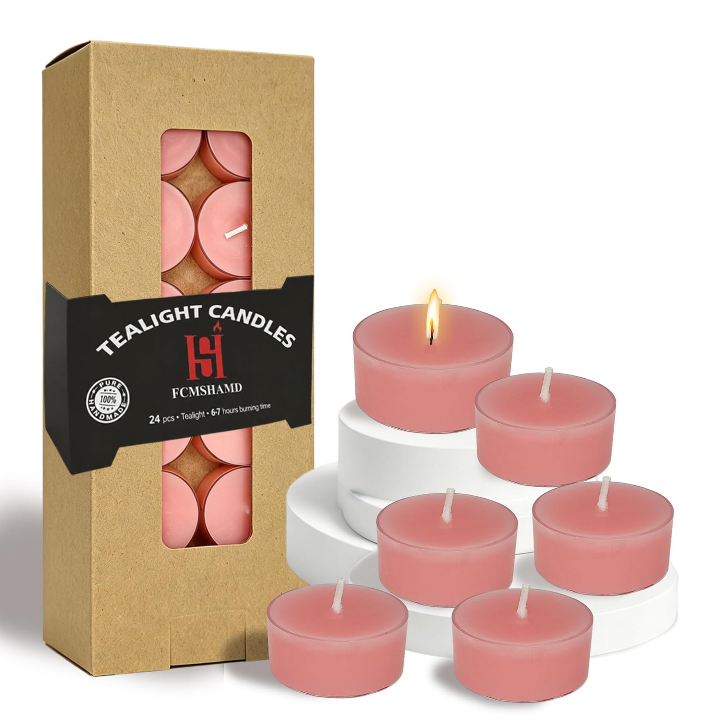 Pink Candles Tea Lights Smokeless Rose Scent Tealight Candles Handmade Tealights Set of 24 Long Burning for Wedding Meditation Dinner Home Decor