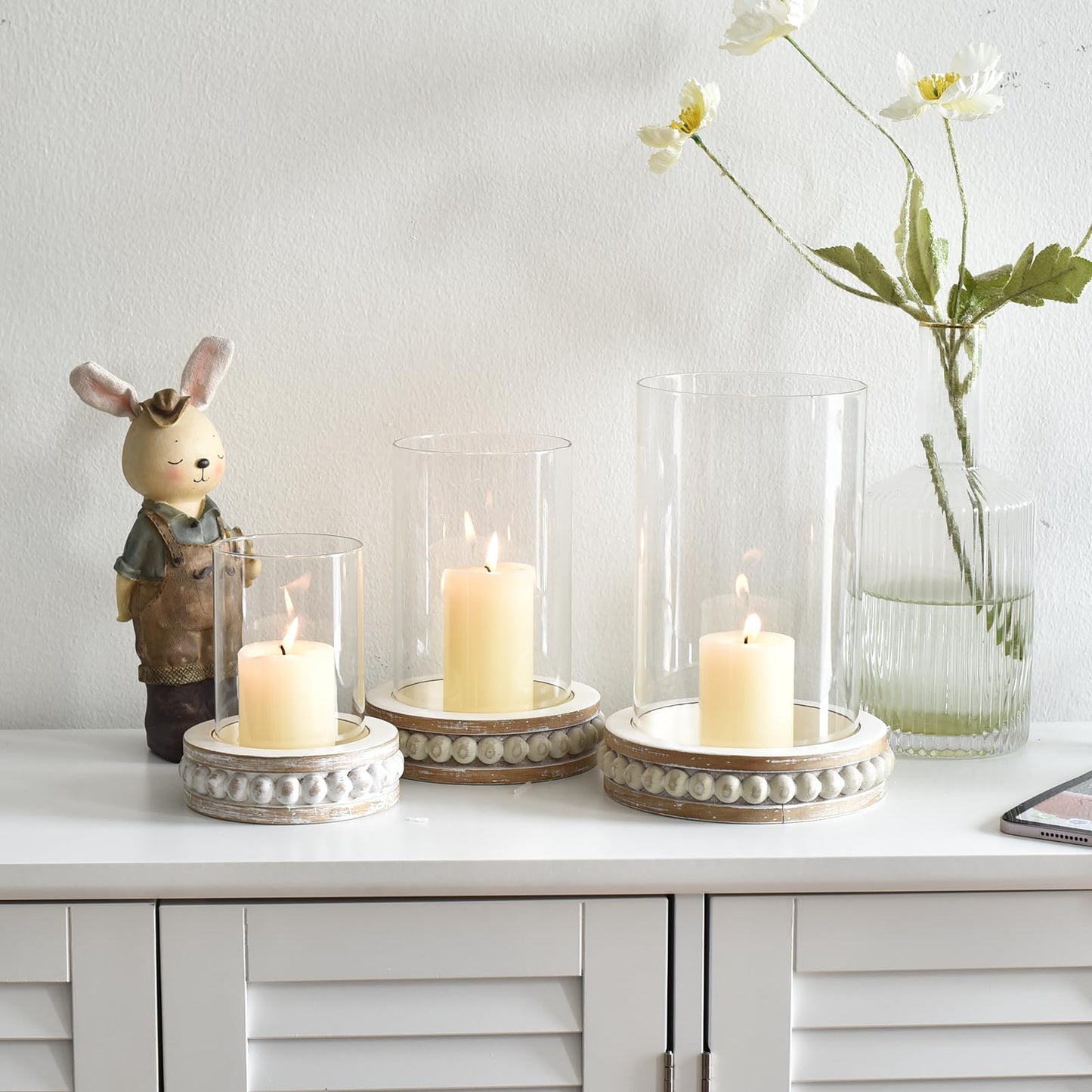 SWALLOWLIVING Glass Hurricane Candle Holders for Pillar Candles - Farmhouse Rustic Distressed White, Set of 3 with Wood Beaded Base