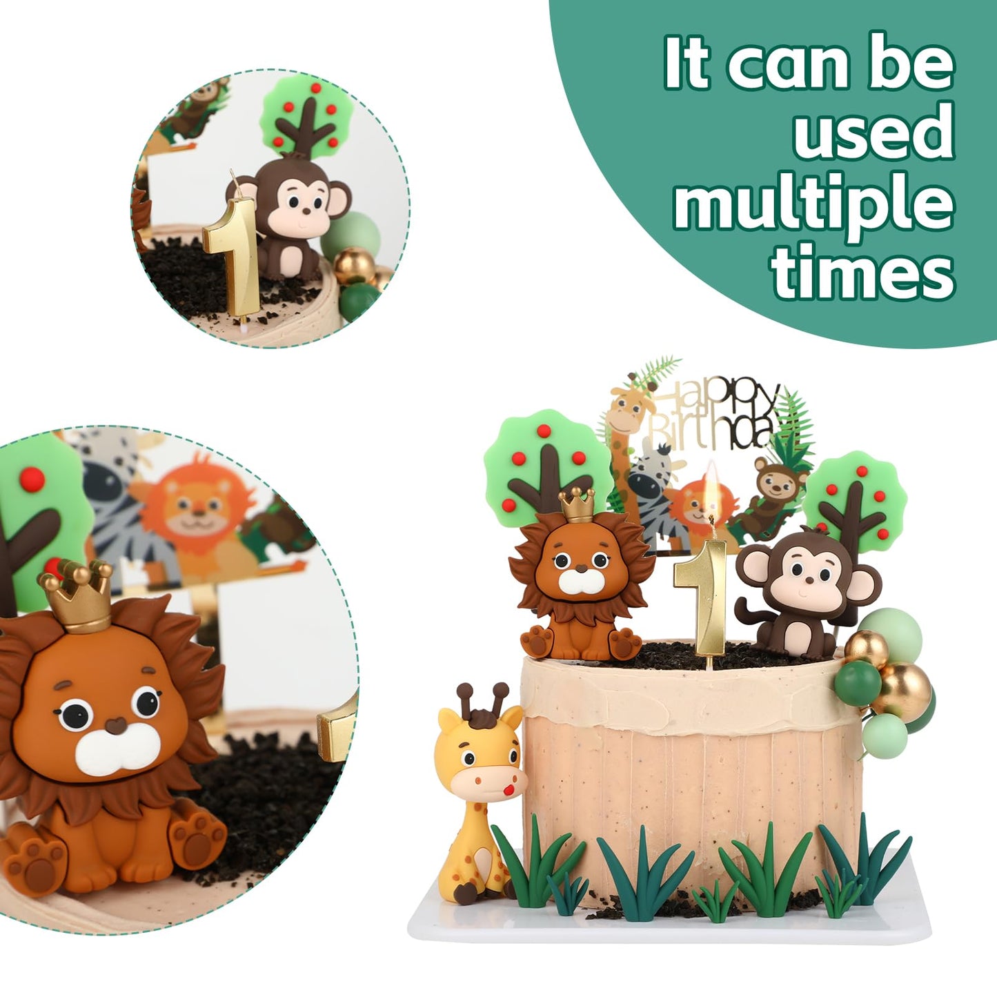1st Birthday Safari Cake Toppers Set - 3D Lion, Monkey, Giraffe with Number 1 Candle, 8 Grass, Trees & Balls - 21PCS Jungle Animal Cake Decorations Kit for Boys Girls 1 Year Old Party (1st)