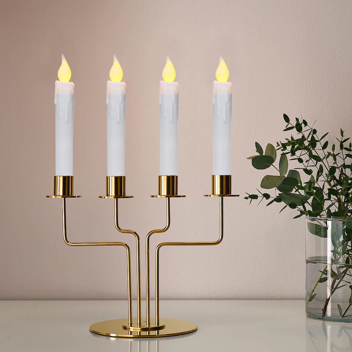 CVHOMEDECO. Flickering Taper Candles LED Drip Flameless Candles, Battery Operated with Timer, White, 6-3/4 Inch, Set of 6