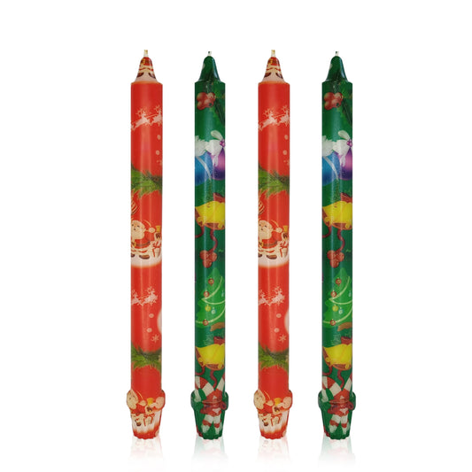 Taper Candles Christmas Printed Candlestick 4 PCS 10 inch Long Taper Candle Unscented Candlesticks Handmade Tapered Candles for Christmas Dinner Household Wedding Party Housewarming Home Décor Candles