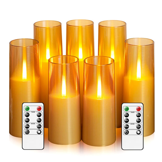 kakoya Flameless LED Candles Upgraded Realistic Flickering Flame,7Pcs Battery Operated Candles with Remote Timers,LED Pillar Candles for Home Decor,Christmas,and Parties（Gold）
