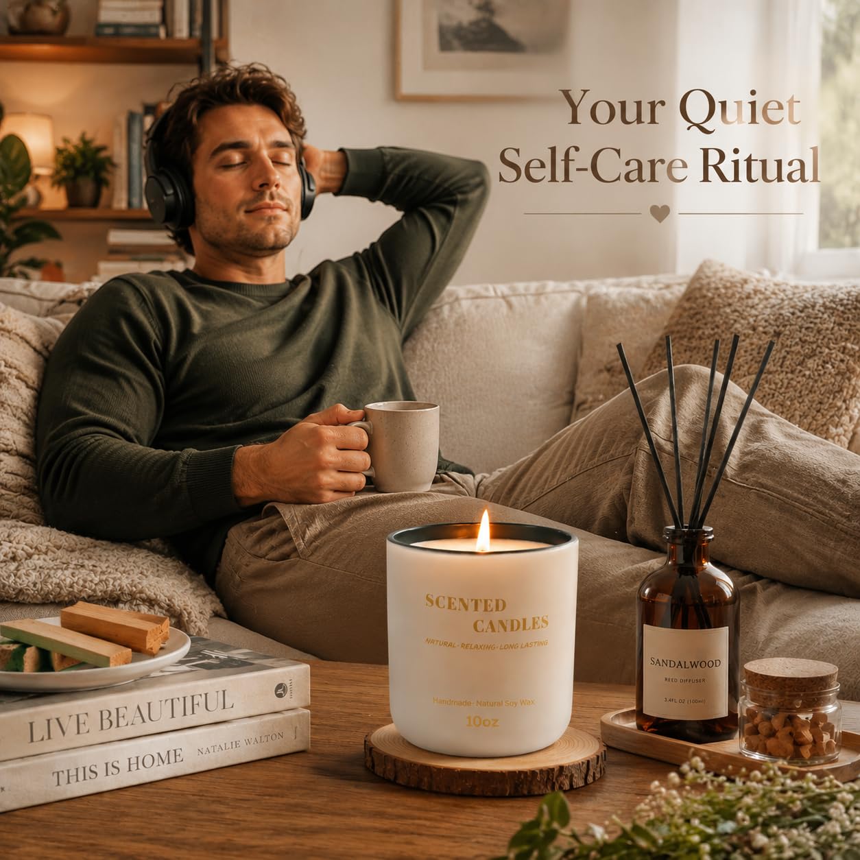 Lanttu Sandalwood Scented Candle for Home Decor, 10 oz Natural Soy Wax Jar Candles, 40 Hours Long Lasting Burning Candles for Men Women Mom Friend Birthday Housewarming Gift