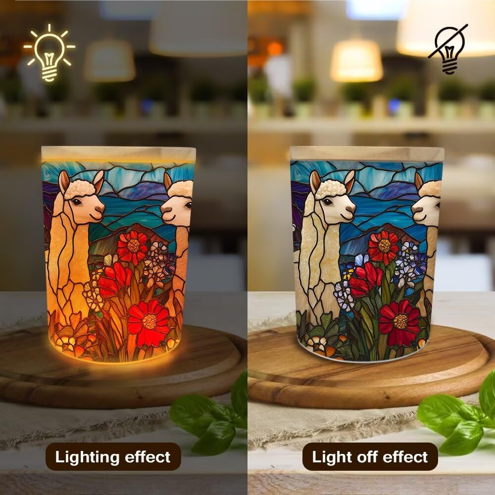 Stained Glass Alpaca Tea Light Candle Holders, Country Wilflowers Tealight Candle Holder Jar with Wooden Lid, Votive Candlesticks for Table Centerpieces, Christmas,Birthday Party,Home Decor