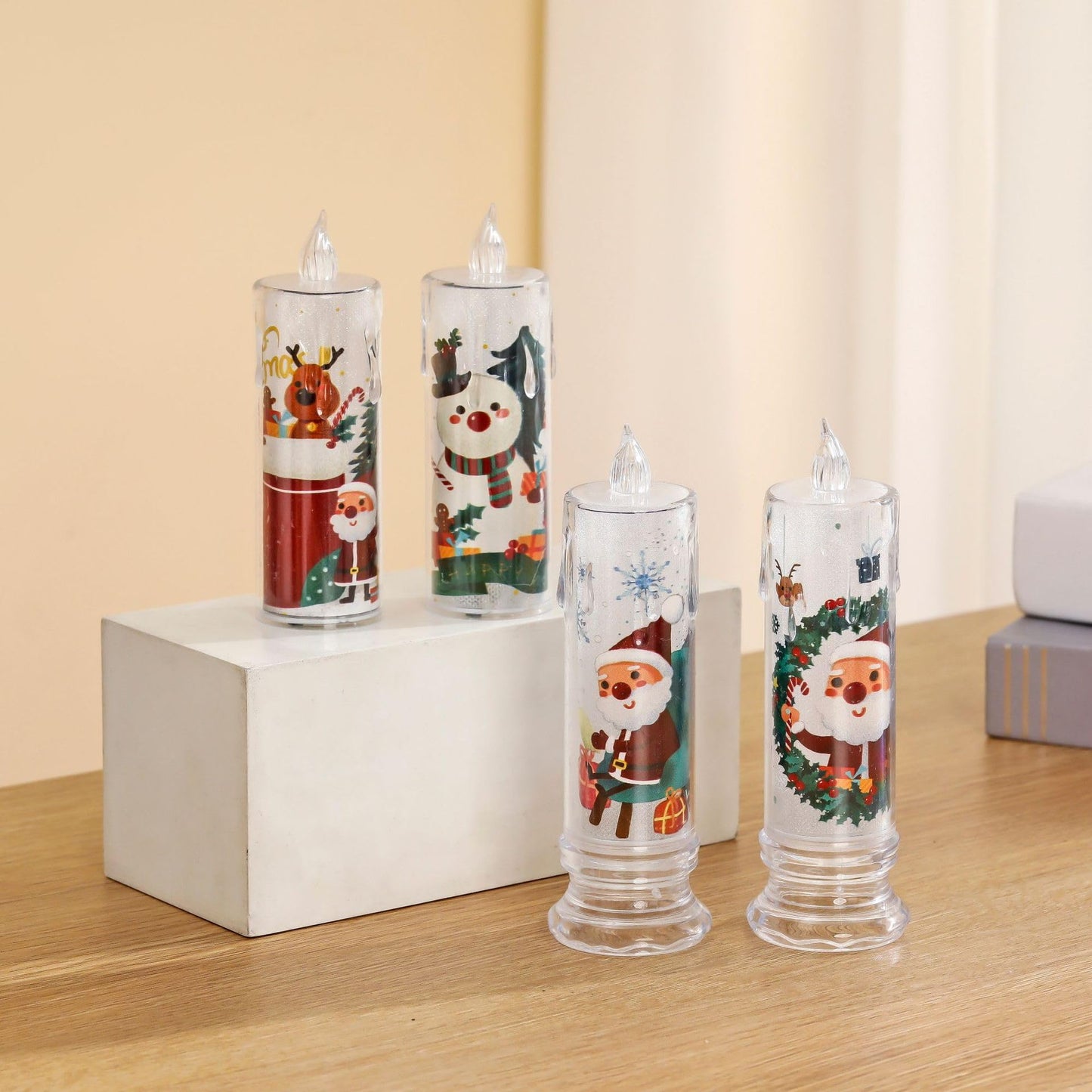 Vwvk 4-Pcs Christmas Flameless Candle Set, 5.12 Inches Tall, Christmas LED Candles with 3D Flame Effect - Battery-Operated Vintage Holiday Lights,Children's Christmas Gifts
