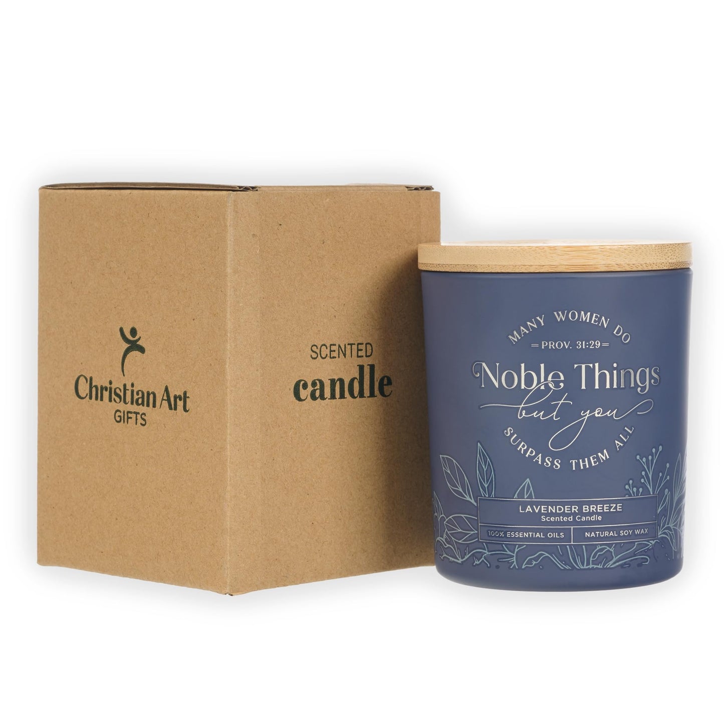 Christian Art Gifts Soy Wax Scented Candle: Lavender Breeze, Proverbs 31:29 Bible Verse, Pure Essential Oils, 4.5 oz, Up to 20 Hours Burn Time, Glass Jar w/Bamboo Lid, Encouragement Gift for Women