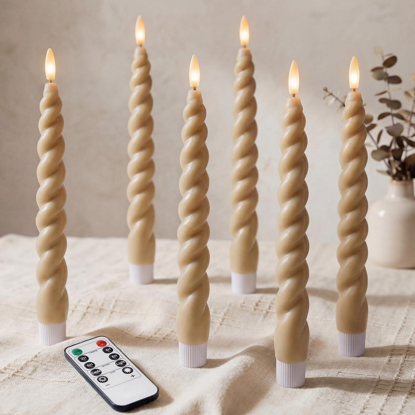 West Ivory Full Twisted Spiral Flameless LED Taper Candles – Light Tan, Set of 6 – 2/4/6/8-Hr Timer (24-Hr Memory), Remote, Dimmable, Bottom On/Off Button, Flicker/Steady, Battery Operated
