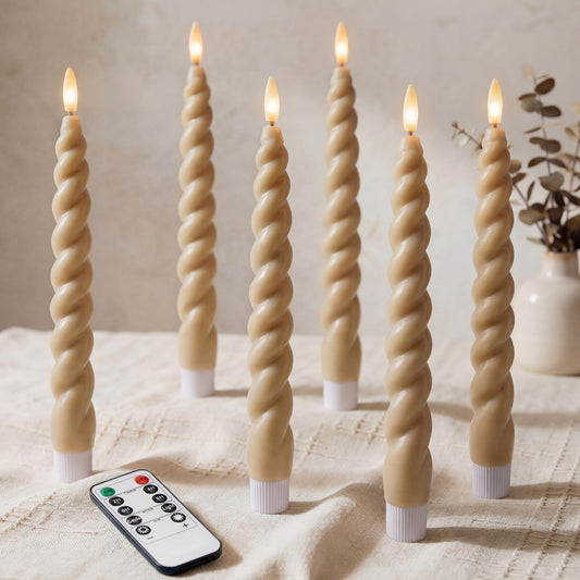 West Ivory Full Twisted Spiral Flameless LED Taper Candles – Light Tan, Set of 6 – 2/4/6/8-Hr Timer (24-Hr Memory), Remote, Dimmable, Bottom On/Off Button, Flicker/Steady, Battery Operated