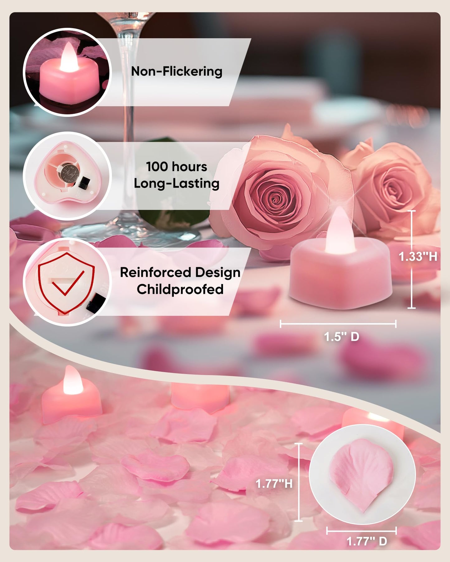 Amagic 4000 Pieces Pink Artificial Rose Petals with 50 Pink Heart LED Tea Lights, Rose Petals and Candles Set for Proposal, Anniversary, Romantic Night, Wedding Decor