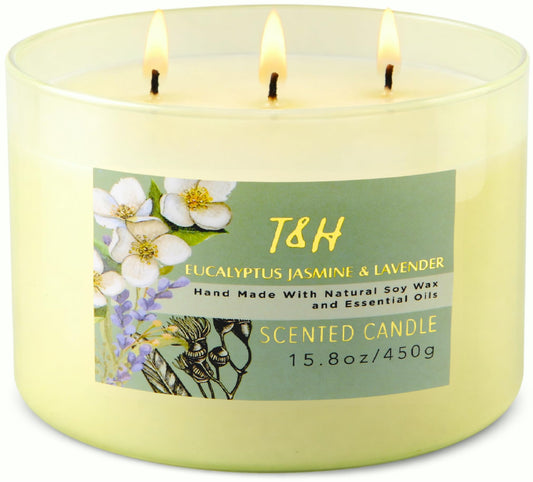 Eucalyptus Jasmine Lavender Scented Candle | 3 Wick Large Soy Candle for Home 15.8oz | Relaxing Aromatherapy Spa Candle | Strong Scent, Long Lasting, Clean Burn | Stress Relief Gift for Women & Men