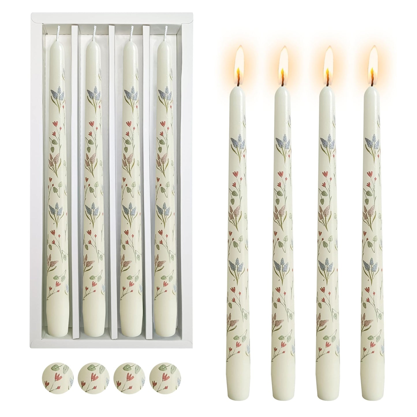 Floral Taper Candles Dripless Candlesticks, 4 Pack Unscented Flower Taper Candle, 10 Inch Elegant Pastel Candle Sticks for Easter, Saint Patrick’s Wedding Table Centerpieces Mother’s Day Home Decor