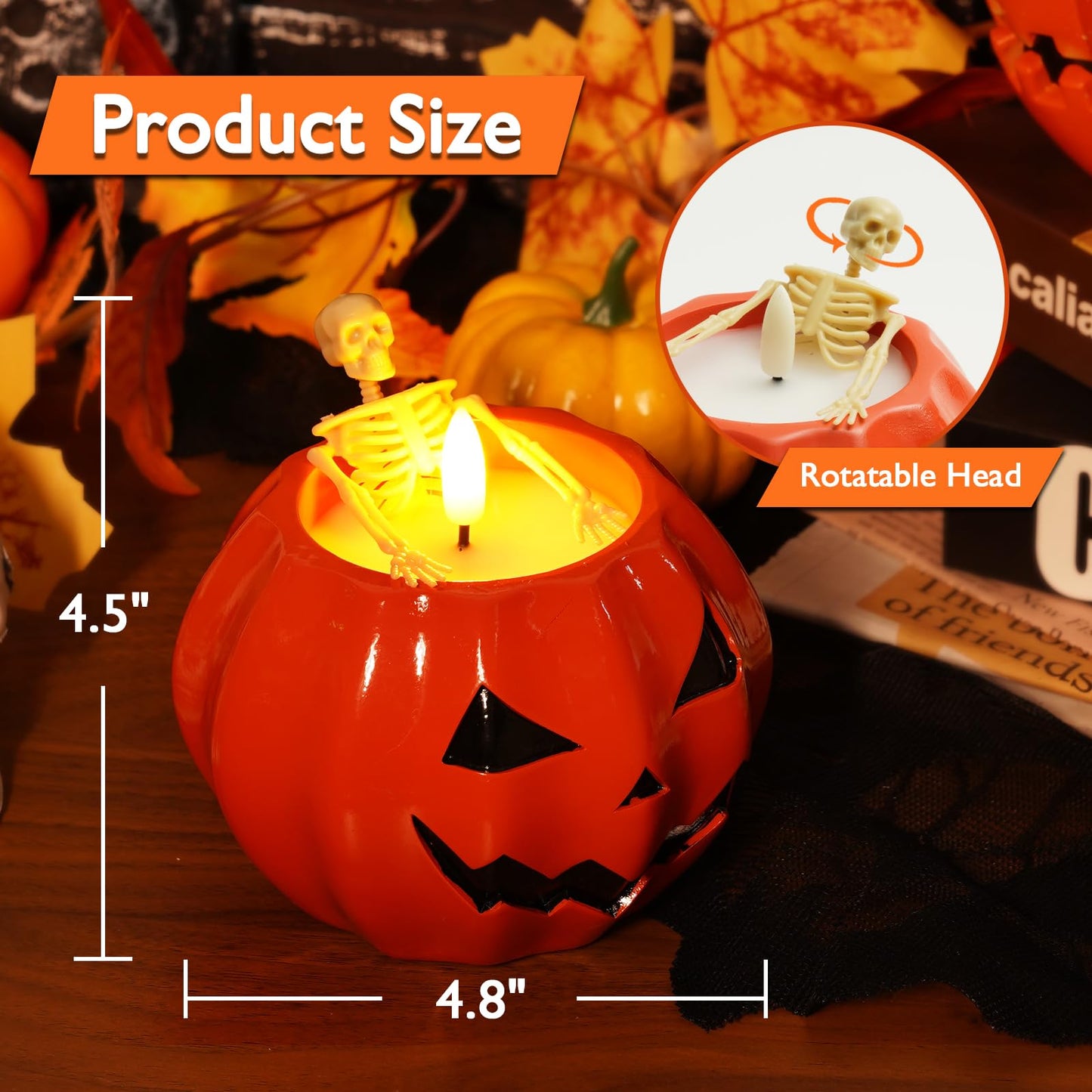 Halloween Decor-Flameless Pumpkin Candles, Real Wax Halloween Skeleton Candles, Flickering Battery Operated Candle with Remote for Gothic Party, Holiday Gift, Home Decor Indoor