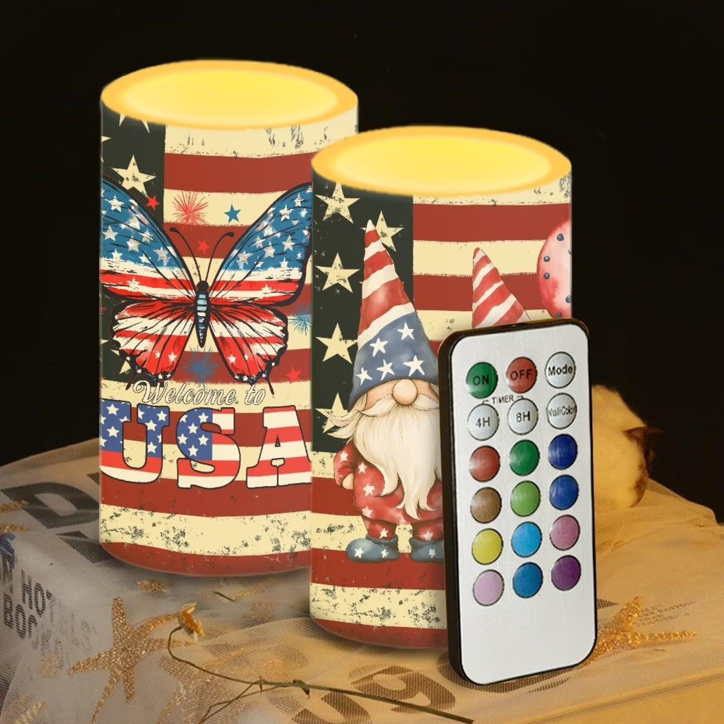 NETILGEN 2 Pcs Flameless Candles with Battery Powered Pillar Candles with Timer Remote American Flag Butterfly Gnome Print July 4th Patriotis USA Flag Memorial Day Decor
