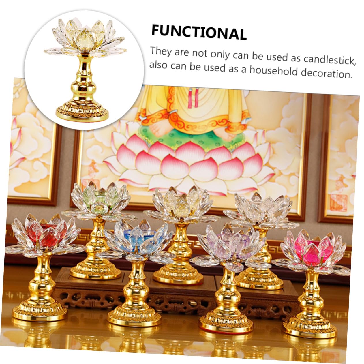 HAKIDZEL Crystal Lotus Candle Holder Elegant Sturdy Candlestick for Buddha Temple Home Decor Yellow Design for Wedding Party Table Display