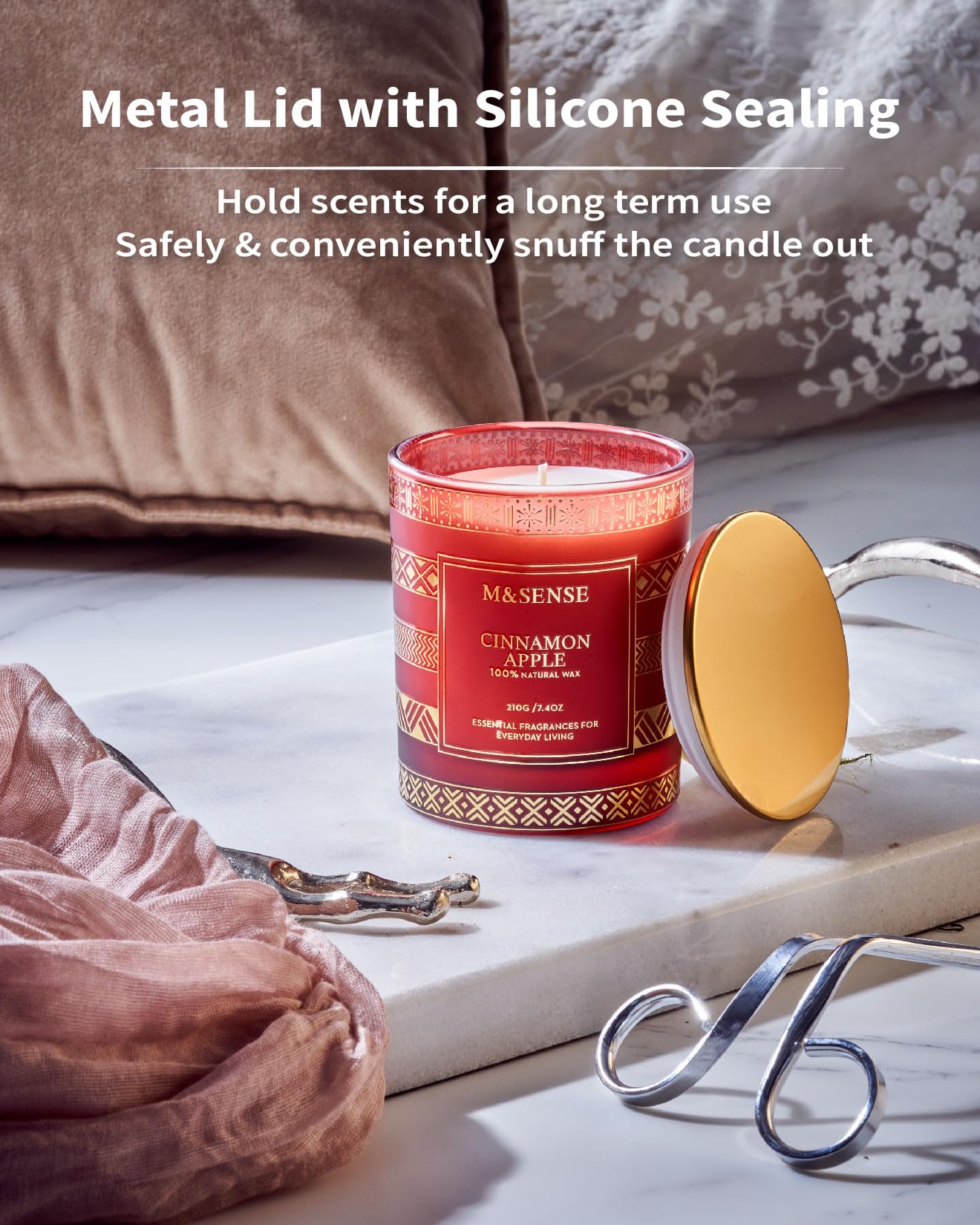 M&SENSE Cinnamon Apple Christmas Soy Candle, Natural Non Toxic 7.4oz 45 Hour Long Burning, Winter Luxury Holiday Candle for Home Scented, New Year Gifts for Men & Women