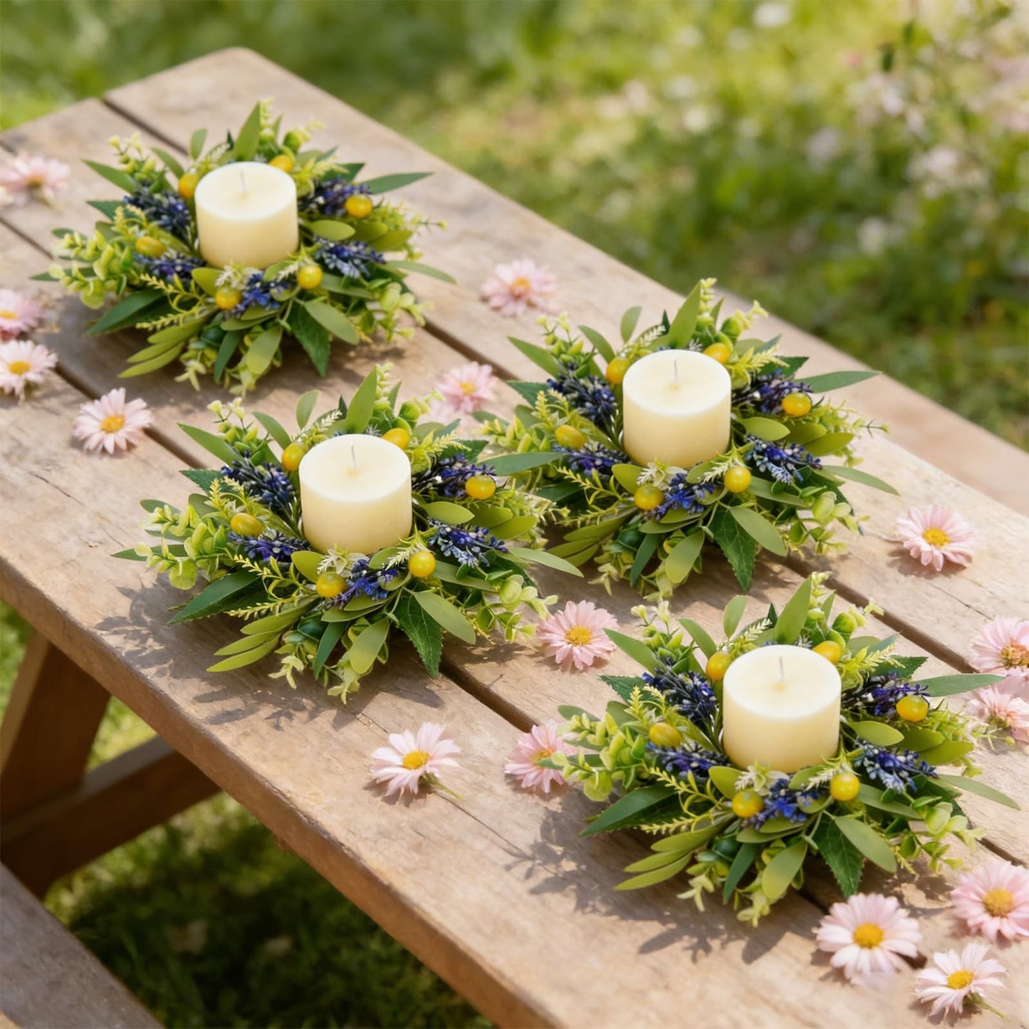 4 PCS Green Eucalyptus Olive Swag Wreaths for Pillars Spring Summer Greenery Kitchen Cabinet Wreaths Mini Green Boxwood Leaves Wreath with Ribbon for Front Door Porch Wall Window Farmhouse Decoration