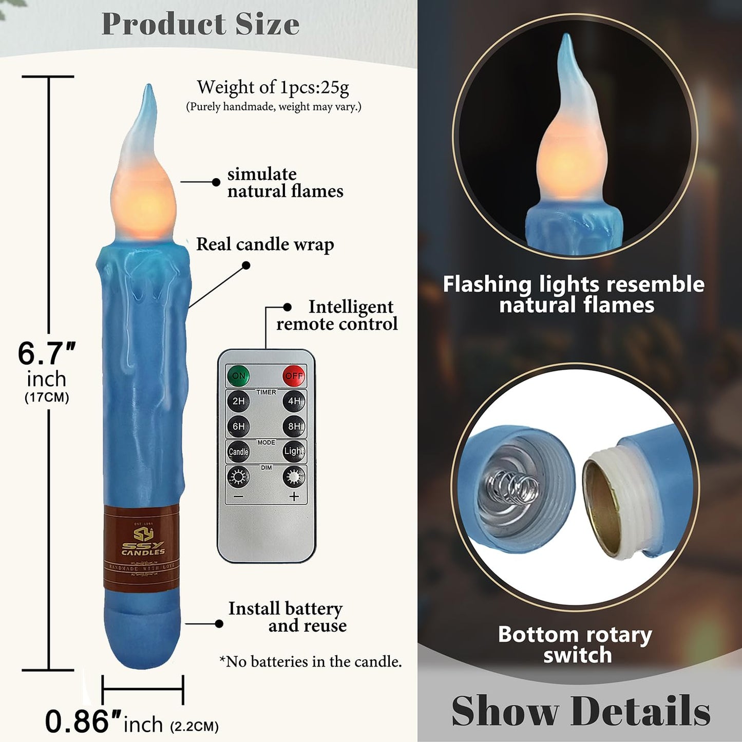 Dark Blue Flameless Short Taper Candles, Real Wax Hand Dipped LED Battery Operated with Remote, Flickering Flame Lights for Festival Party Home Décor, 6.7 Inch Primitive Flameless Candles, 4PCS