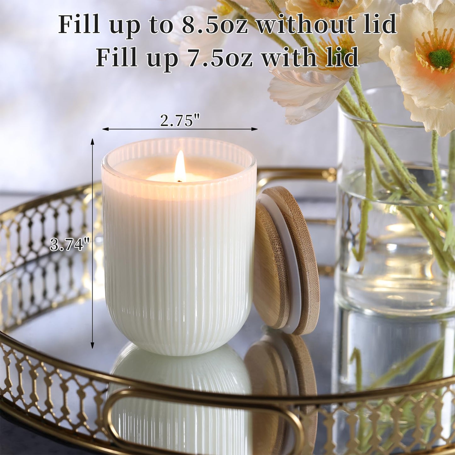 REISEN 12PCS Milky White Ribbed Candle Jars for Making Candles, 8.5 OZ Empty Glass Candle Making Jars with Bamboo Lids, Candle Wick Kit and Sticky Warning Labels, Candle Vessels for Candle Making