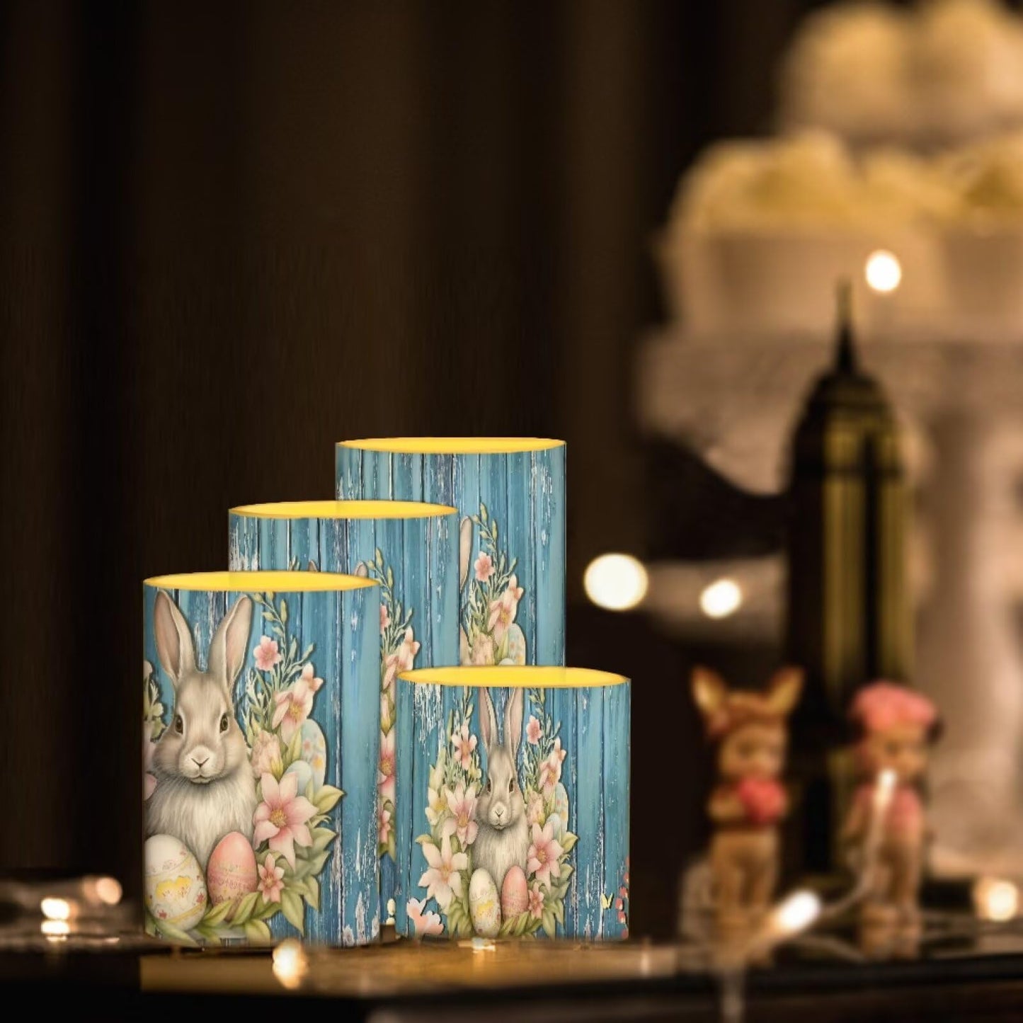NEITLGEN Easter Decorative Flameless Candles with Timer Remote, Flickering Battery Operated LED Pillar Candles Set of 4 Floral Bunny Blue Wood Grain