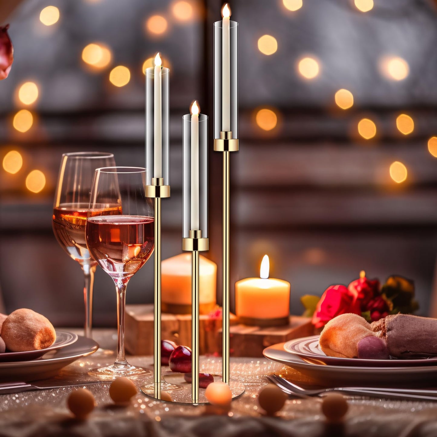 Layhit 6 Set Wedding Gold Candelabra Centerpieces for Tables, 3 Arm Tall Acrylic Candle Holder Centerpiece with Clear Shades for Reception, Party, Dining Decor, Anniversary, Fits 0.87" LED Candles