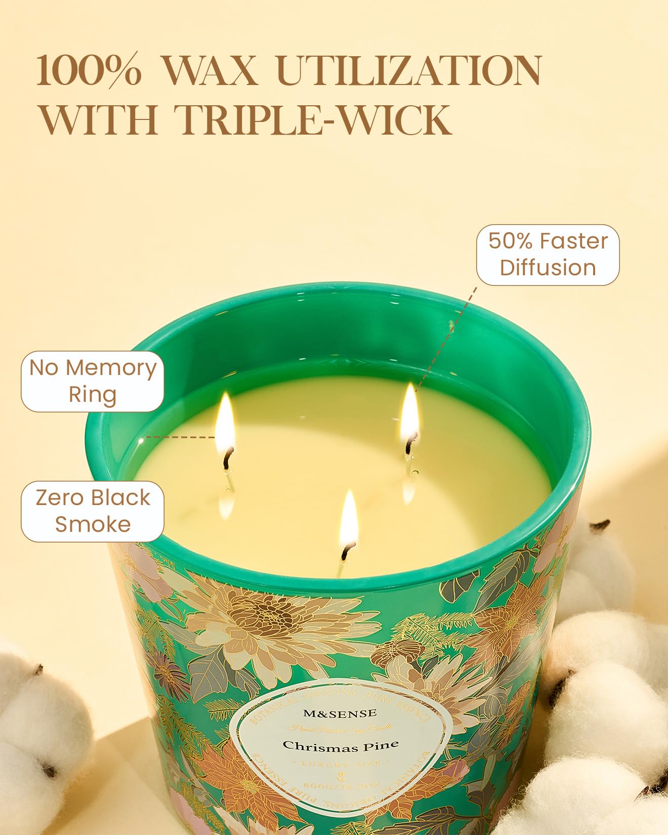 M&SENSE Christmas Pine Scented Candle, 28.2oz 3 Wick Natural Soy Wax Large Candles, Long Lasting Clean Slow Burning No Toxic Décor for Women Men, Romantic Dates & Gift-Giving