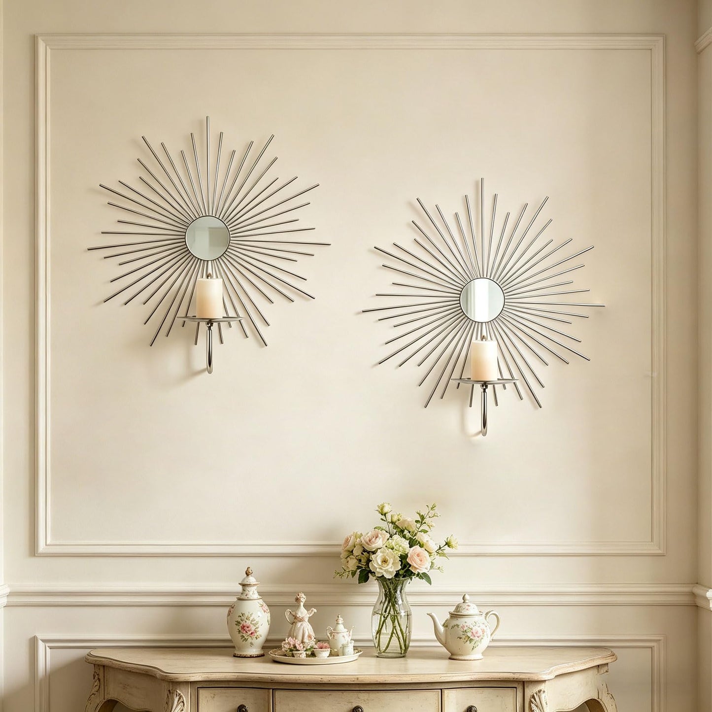 Sxnzequnze 2 Set Candle Sconces Wall Decor for Living Room Metal Sunburst Mirrored Modern Gold Wall-Mounted Candle Holder Sconces Hanging Mounted Fireplace Farmhouse Wedding