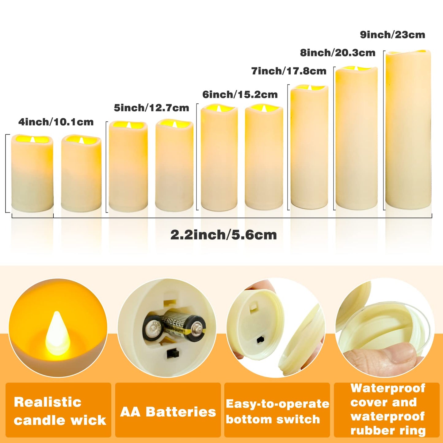 YIWER Plastic Waterproof Flameless Candles Set of 18: Battery Operated Candles Ivory Flickering Pillar Candles Include 4"/5"/6"/7"/8"/9" with 10-Key Remote 2/4/6/8H Timer Function