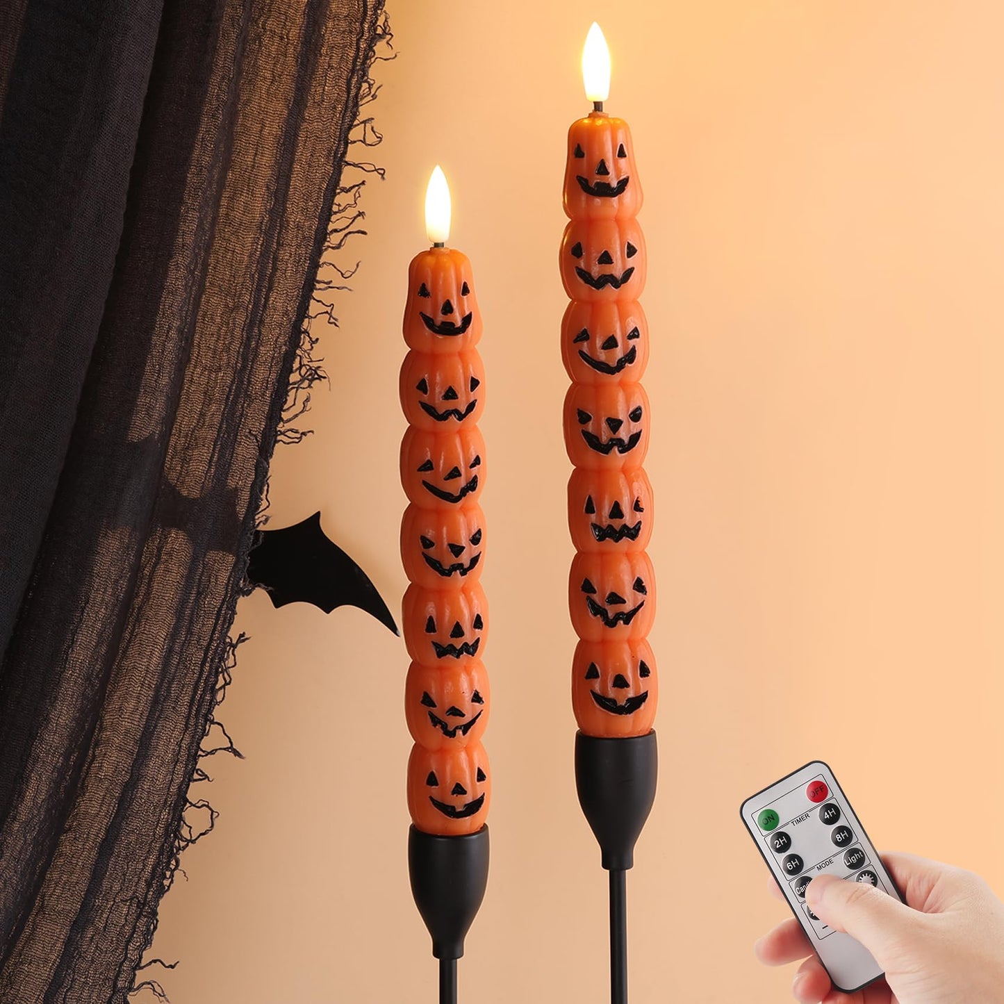 Eywamage Halloween Flameless Taper Candles with Remote, Orange Pumpkin LED Candlesticks Battery Operated Flickering Real Wax Set of 2