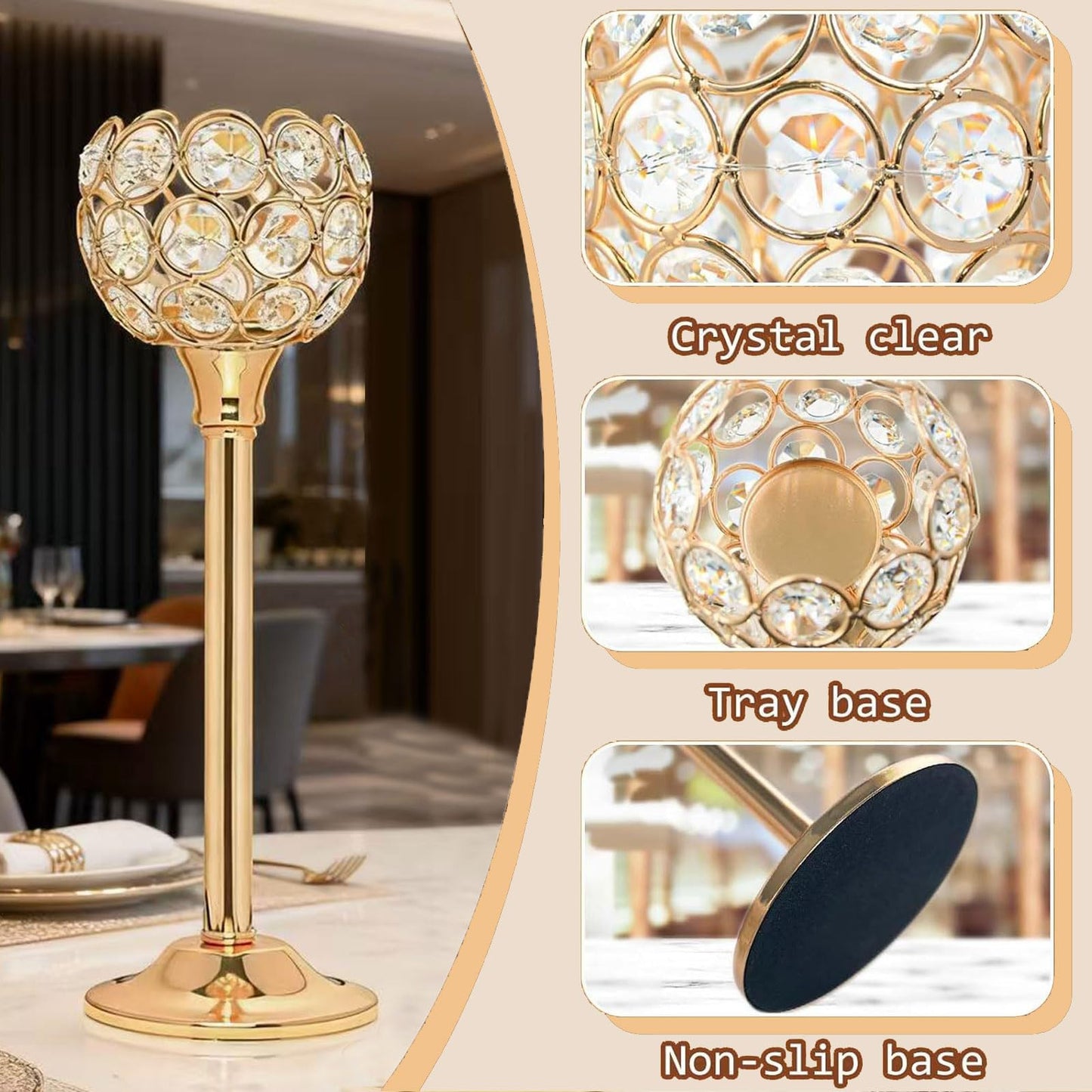 HearthLume Candle Holder Candlestick Holders- 6Set Gold Crystal Pillar Candle Holders,Metal Candlestick Stands for Wedding Centerpieces,Table Decor for Church,Valentine's Day Housewarming Gift,18Pcs