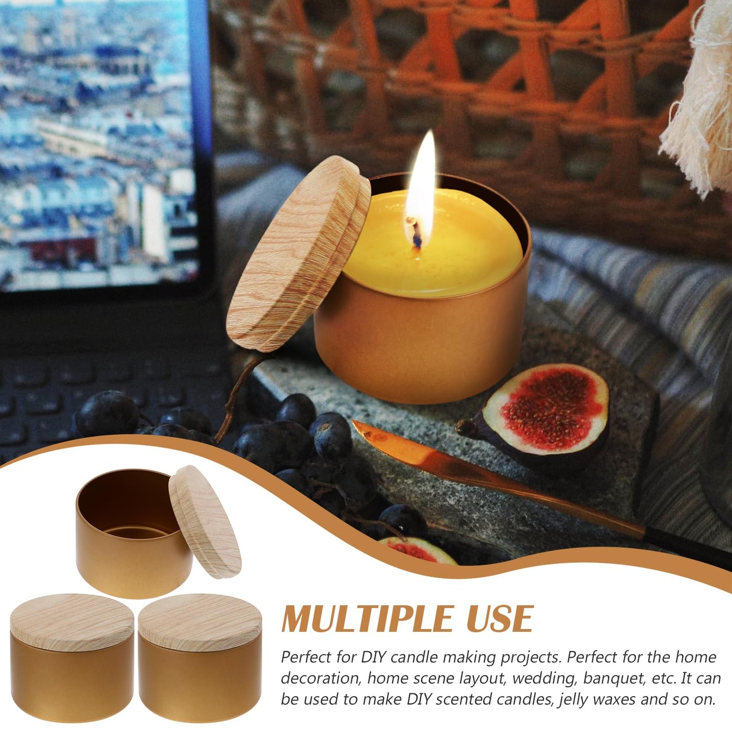 EXCEART Iron Candle Tins with Lids 3Pcs Reusable Candle Jars Tea Tin Cans Storage Bowls Black stick Holders Spa Holders Sconce Making Tinplates