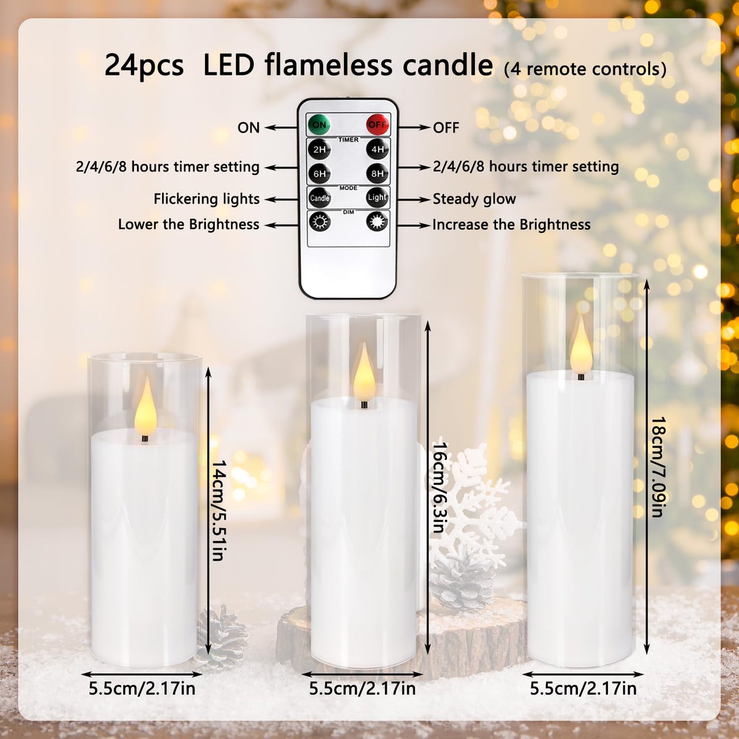 Aamdkcyu 24-Pack Premium Flameless LED Candles - Elegant White & Clear Acrylic Pillar Design with Realistic Flickering Flame, Remote Control & Timer for Weddings, Christmas, Halloween & Home Decor