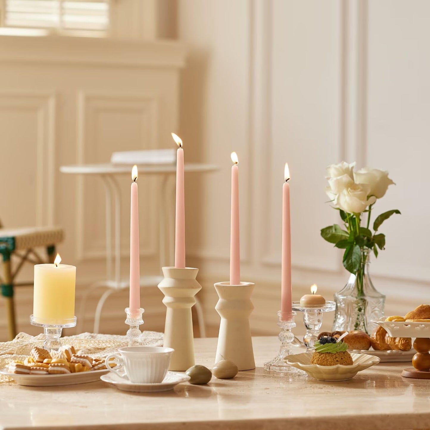 Pickood 12-Inch Tall Dripless Taper Candles Set of 4 - Pearl Pink Tapered Candles, Perfect for Christmas - Smokeless, Unscented, Long Burning - Hand Poured, Colored Tall Candlesticks - Rosa Perla