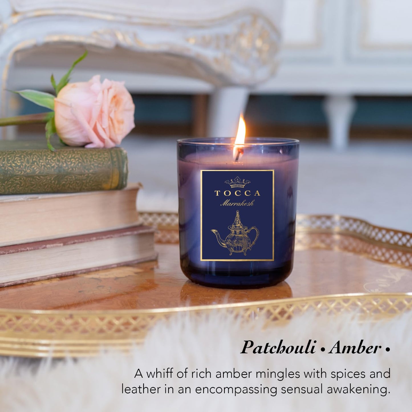 TOCCA Marrakesh 10oz Candle - Patchouli & Amber Scented, Hand Poured Soy-Wax Blend with 100% Cotton Wick, 60 Hour Burn Time