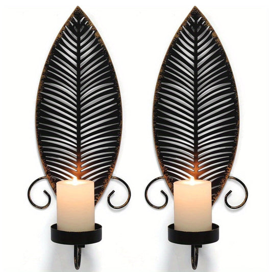 Leaf Wall Candle Sconces Vintage Metal Candle Holder, Set of 2 Wall Candlestick Mounted for Hallway Fireplace Bedroom Living Room (Black)