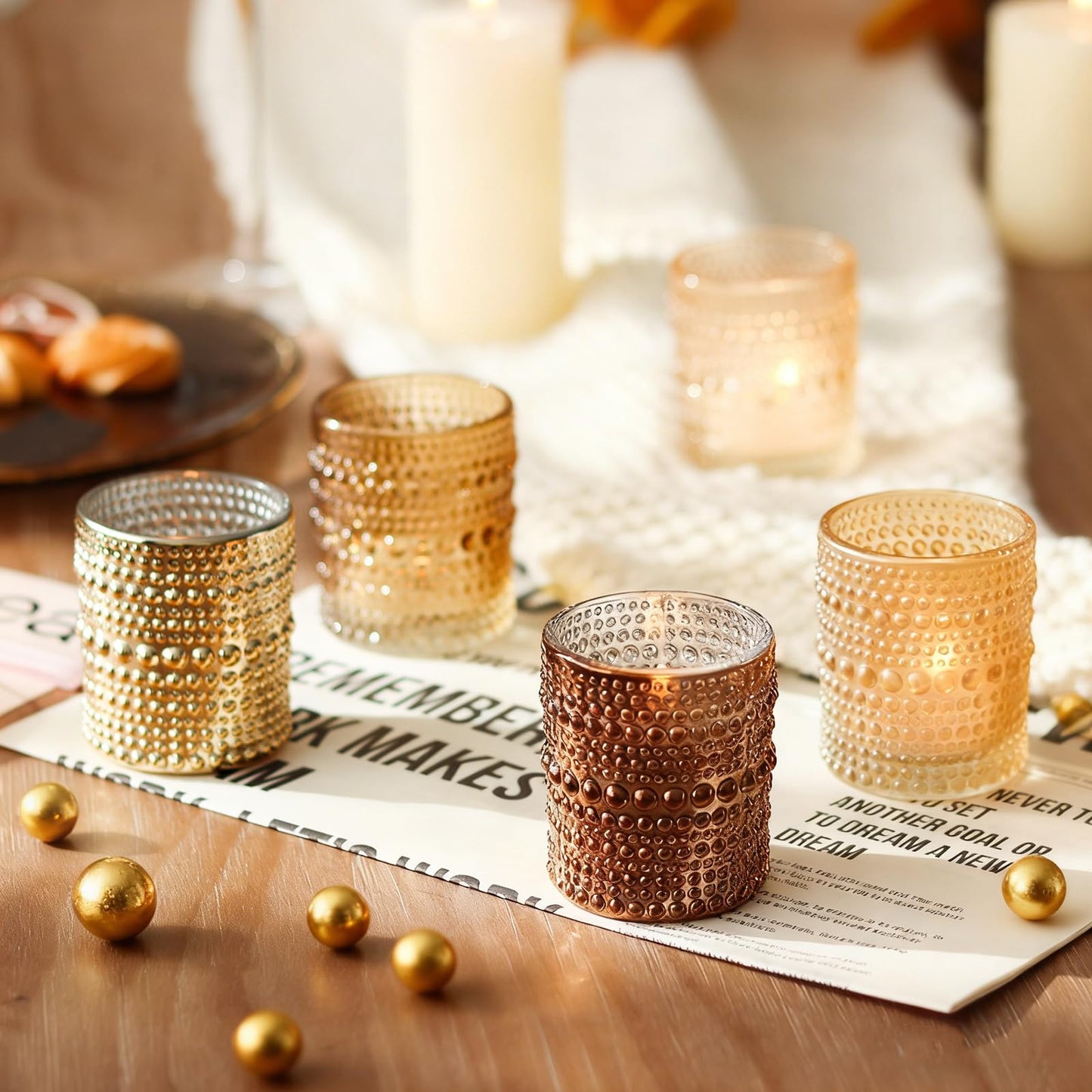WDHODEC Gold Candle Holders 12 PCS, Glass Votive Tealight Candle Holders for Fall Thanksgiving Christmas Table Centerpiece Wedding Decorations