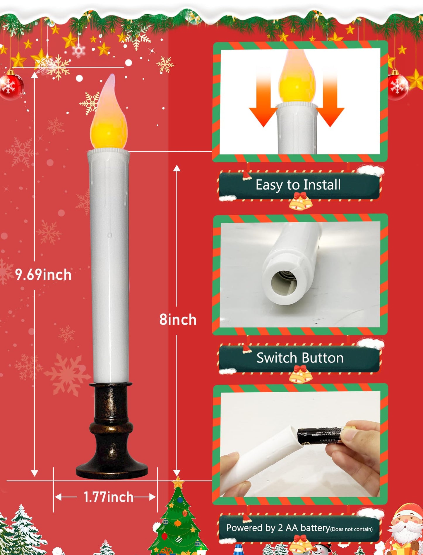 4 Pcs Christmas Window Candles with Timer, 9’’ LED Battery Operated Window Candle Lights with Flickering Flameless Flame, LED Candlesticks for Holiday Christmas Window Table Home Decor-Bronze Base