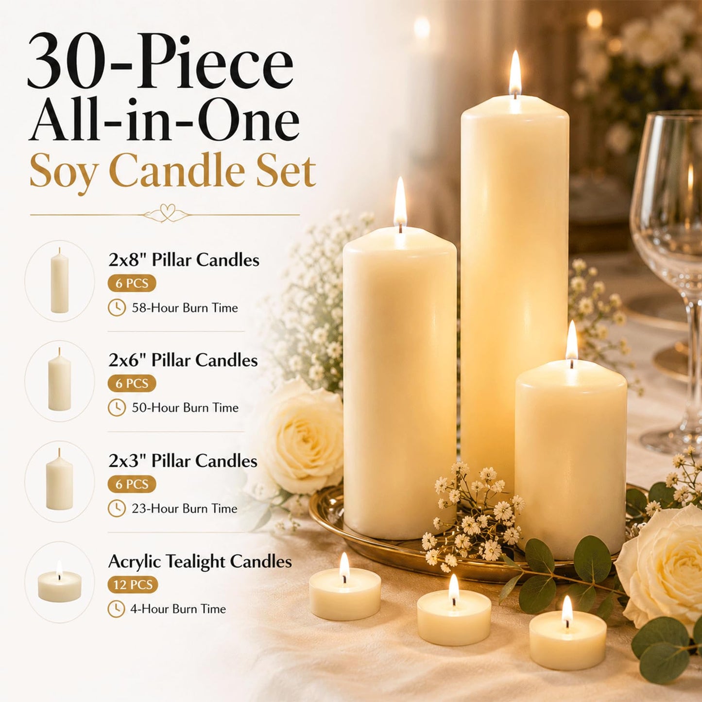 18 Pack Soy Wax Pillar Candle Set for Weddings & Home Decor, Layered Candle Kit with 6 of Each Size (2x3, 2x6 & 2x8) and 12 Tea Lights, Dripless Long Burning White Candles for Centerpieces &Parties