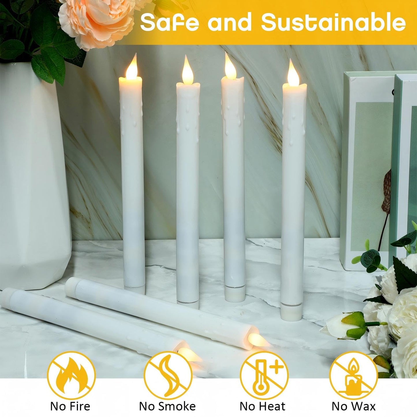 Baquler 50 Pcs 10 Inch White Flameless Taper Candles Dripless Battery Operated LED Flickering Candlesticks Window Candle with 3D Flickering Flame for Wedding Spring Summer Decor