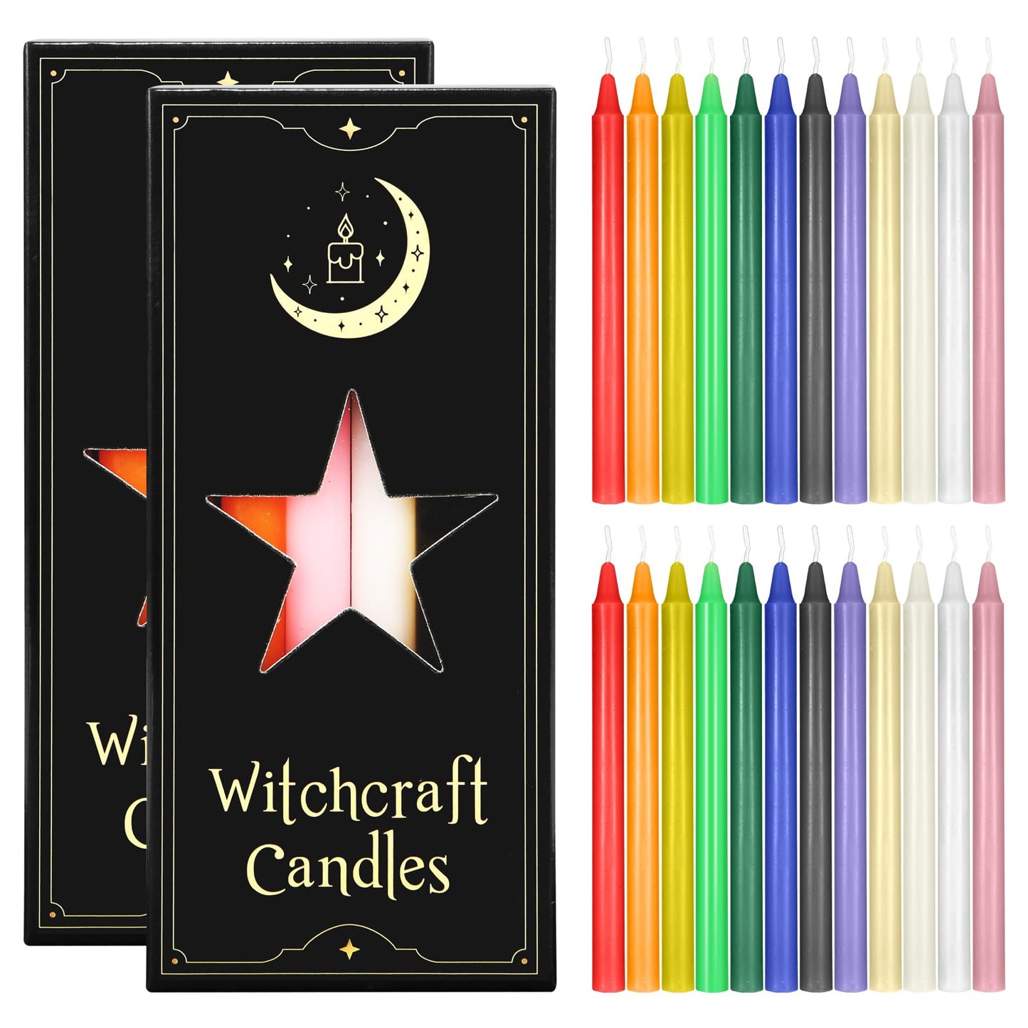Likejarcand 24 pcs Colored Candle Chime,Spell Candles Unscented Colored Candles Mini Taper,16cm-6.5Inch Tall 0.4 Inch Diameter, Candle Holder Rituals, Prayer, Meditation (24, 16cm)