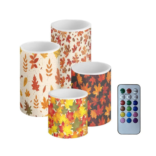 NETILGEN Thanksgiving Day Decor 4 Pcs Flameless Candles Battery Powered with Multicolor Lights Timer Remote Control Candles Colorful Autumn Maple Leaf Print