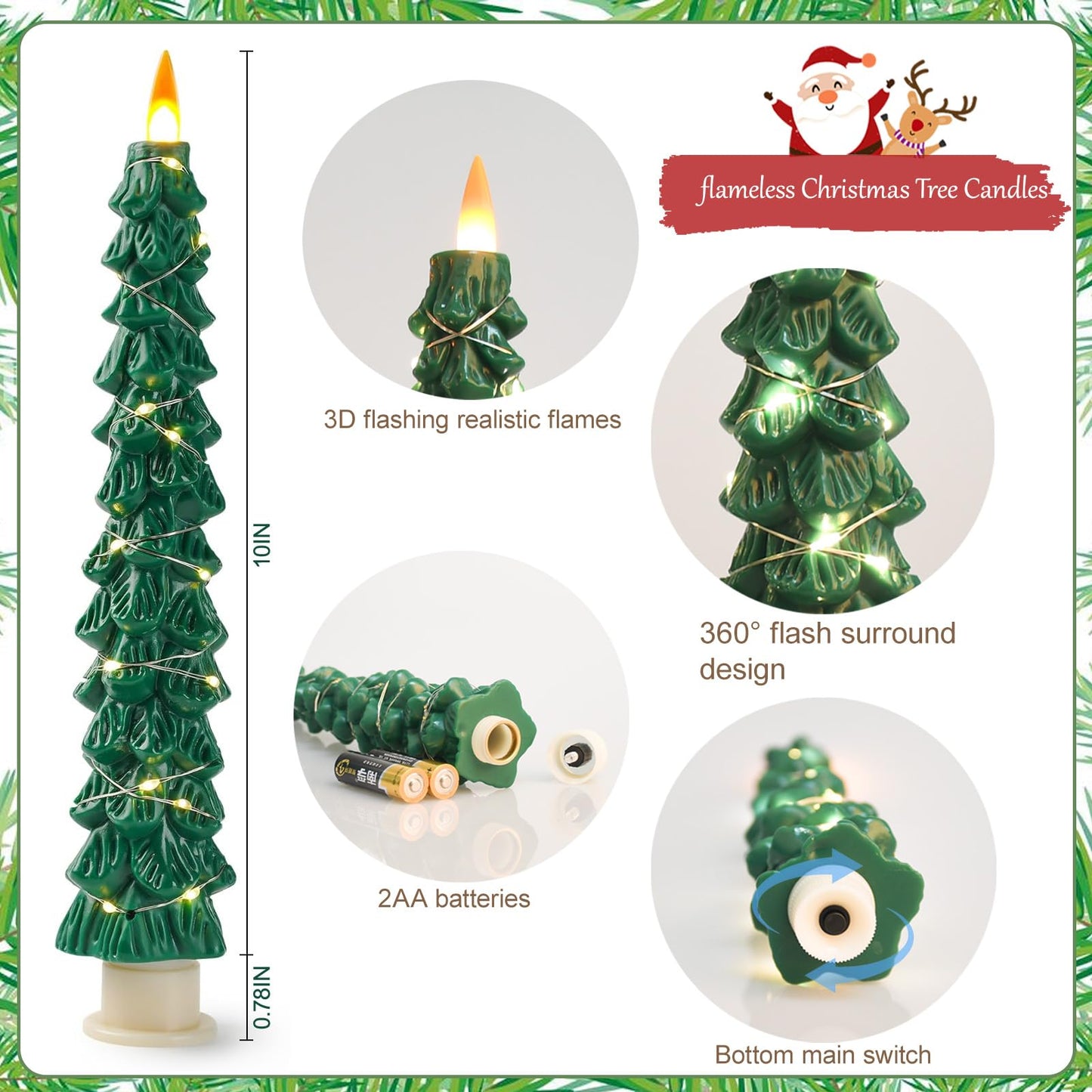 Eynshoo 2-Pack Christmas Tree Flameless LED Candles with String Lights, Realistic 3D Flickering Flame, Remote Control, Battery-Operated Christmas Decorations for Home & Holiday Display