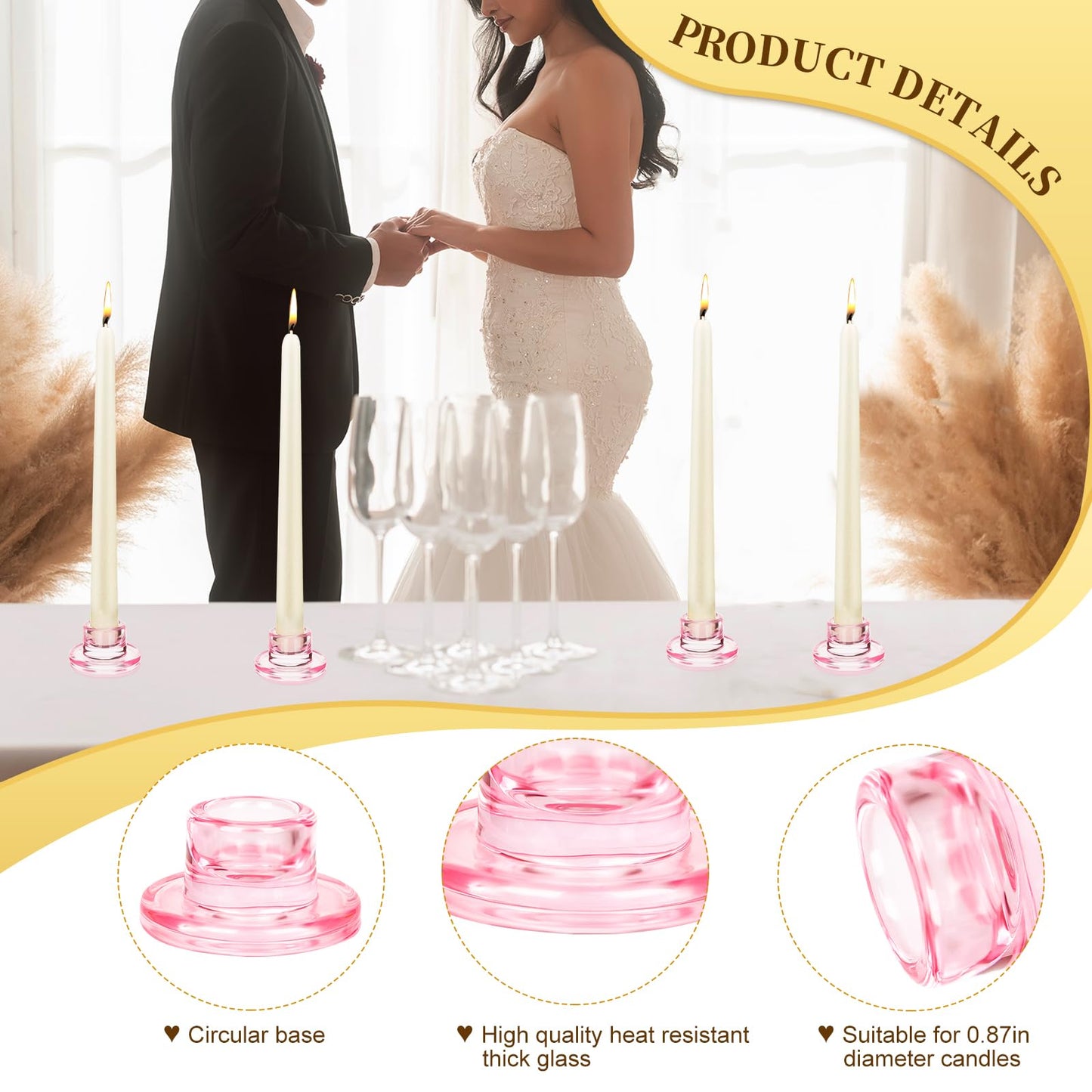 12 PCS Glass Taper Candle Holders Bulk Pink Candlestick Holders Clear Short Tapered Candle Stick Holder Decor Set for Table Centerpiece Wedding Party Advent Christmas Home Decorations