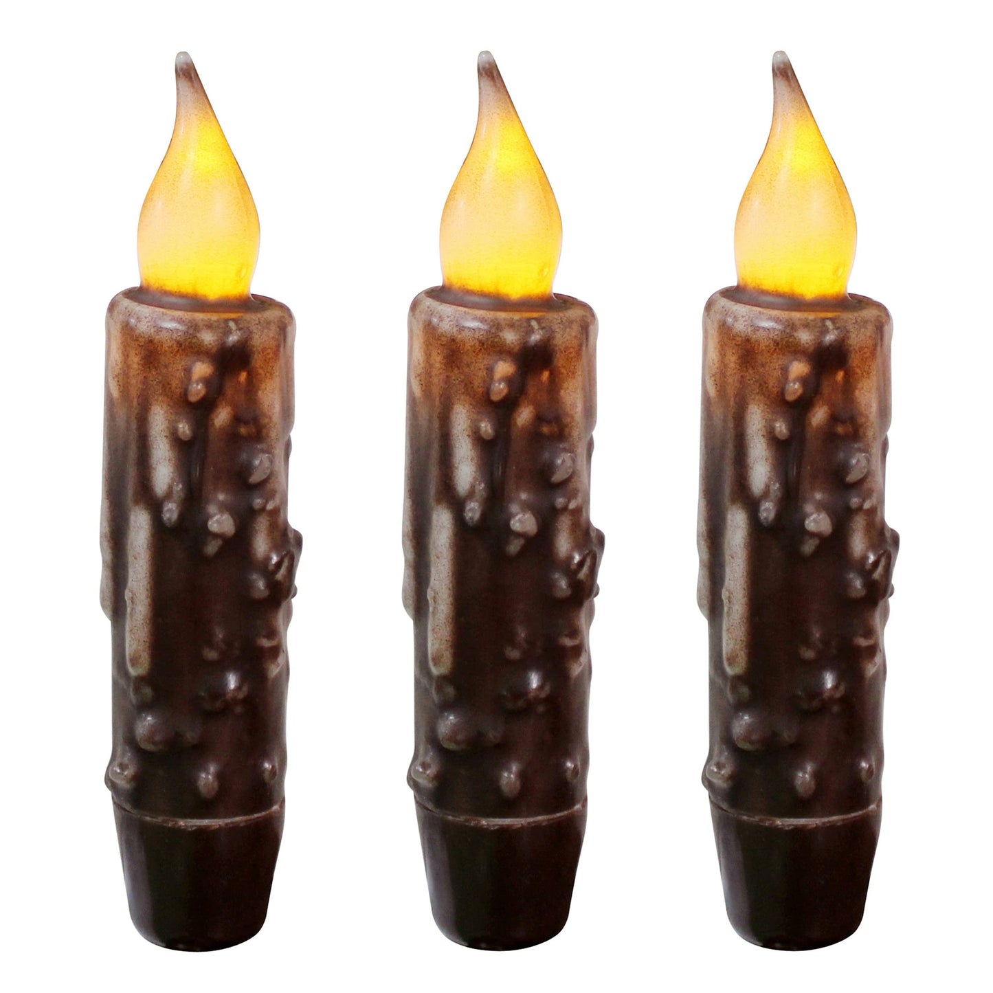 CVHOMEDECO. Real Wax Hand Dipped Battery Operated LED Timer Taper Candles Country Primitive Flameless Lights Décor, 4-3/4 Inch, Brown, 3 PCS in a Package