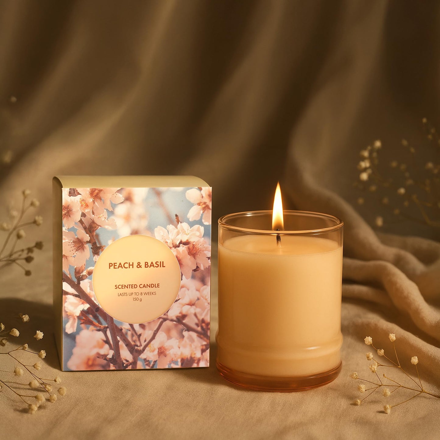 Lifescapes Scented Glass Candle - Peach & Basil, 160g | 28 Hours Approximate Burn Time | Premium Tumbler Design for Home Decor and Relaxation