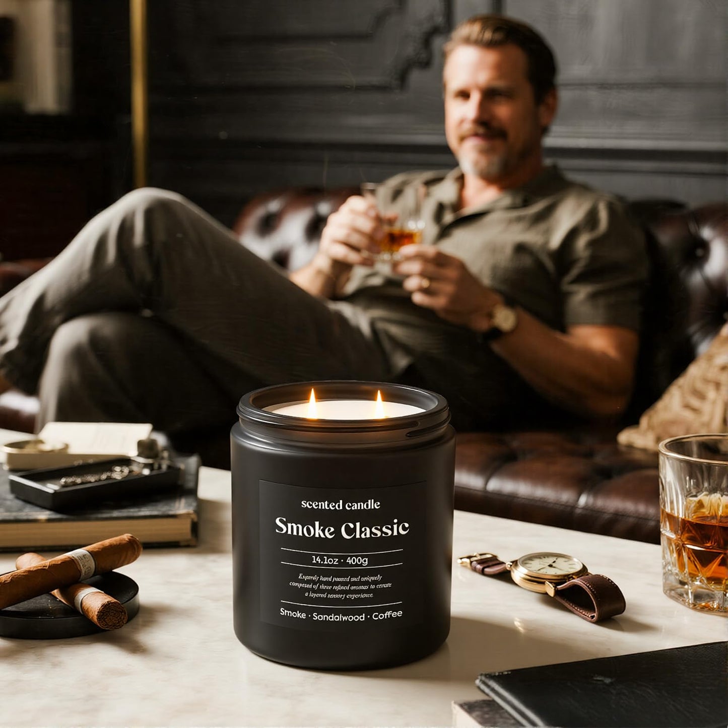 CHILLFLAME Candles for Men, 14.1 oz Scented Candles for Home, 2 Wicks Blended Scents Birthday Candles Gifts for Dad, Teacher, Boyfriend (Smoke+Sandalwood+Coffee)