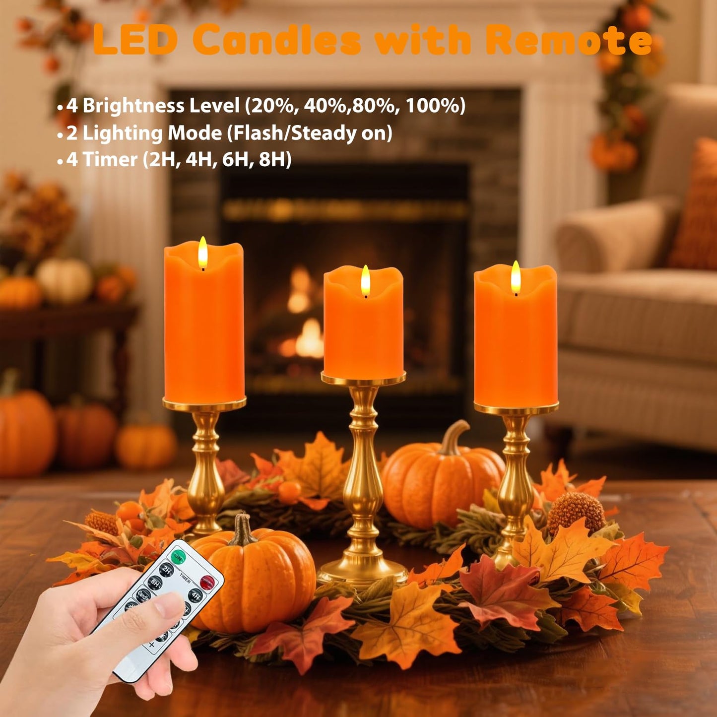 Flameless Candles Lights, Set of 3 Orange Flickering LED Candles with Remote & Timer, Dimmable LED Pillar Candles Battery Operated, Electric Candles for Fall Halloween Thanksgiving Decor (Orange)