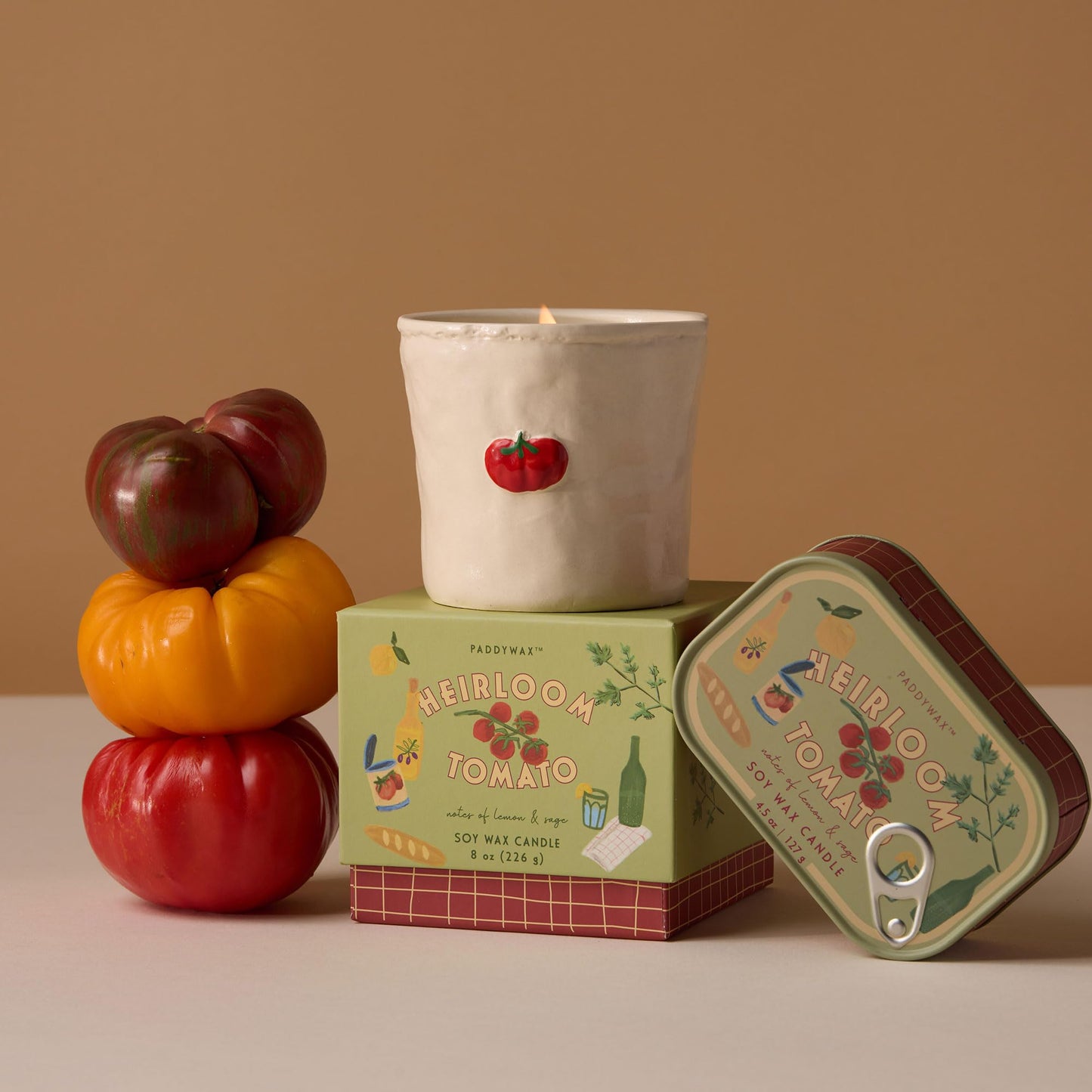 Paddywax Bistro Hand Painted Scented Candle in Ceramic Reusable Food-Safe Jar with Gift Box, Soy Candle with Approx. 56 Hour Burn Time, Heirloom Tomato, 8 oz