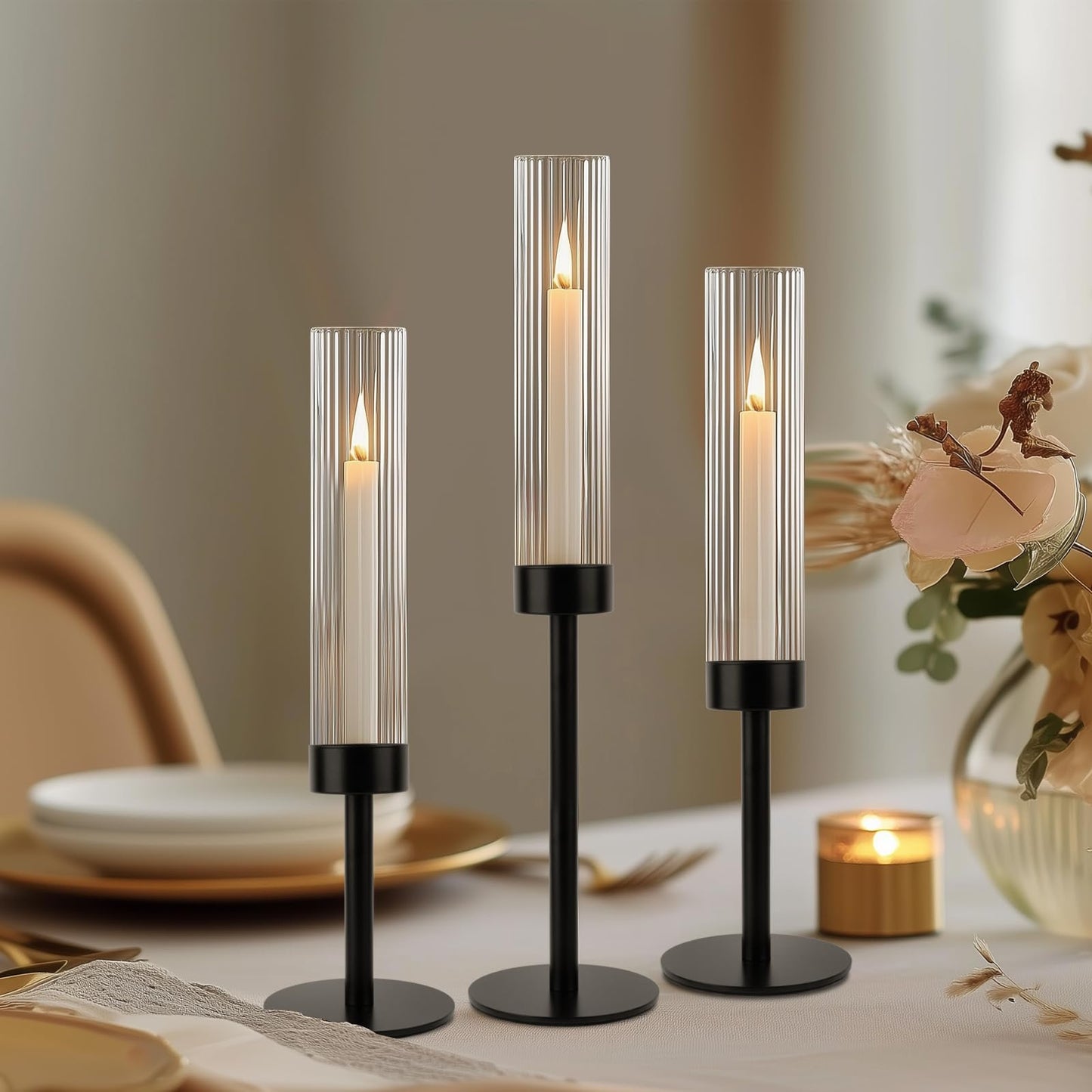 Black Hurricane Candle Holders, Set of 6 Glass Taper Candlestick Holders Metal Candle Stands Bulk with Ribbed Glass Cover for Dining Tables Wedding Candelabra Centerpieces Decor