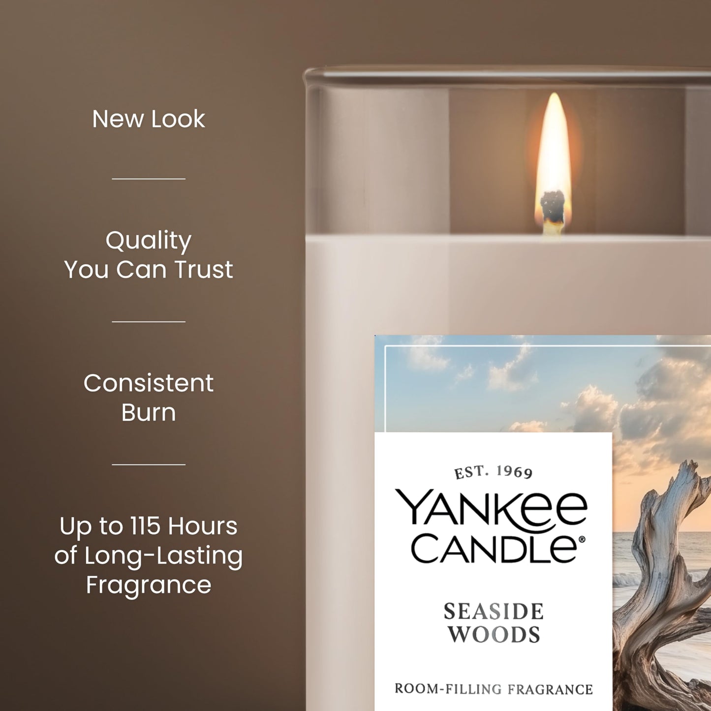 Yankee Candle Medium Pillar Scented Candle with up to 115 Hour Burn Time, Premium Plant Wax Blend for Consistent Burn, 14.25 oz Pillar Candle with Room Filling Fragrance, Seaside Woods