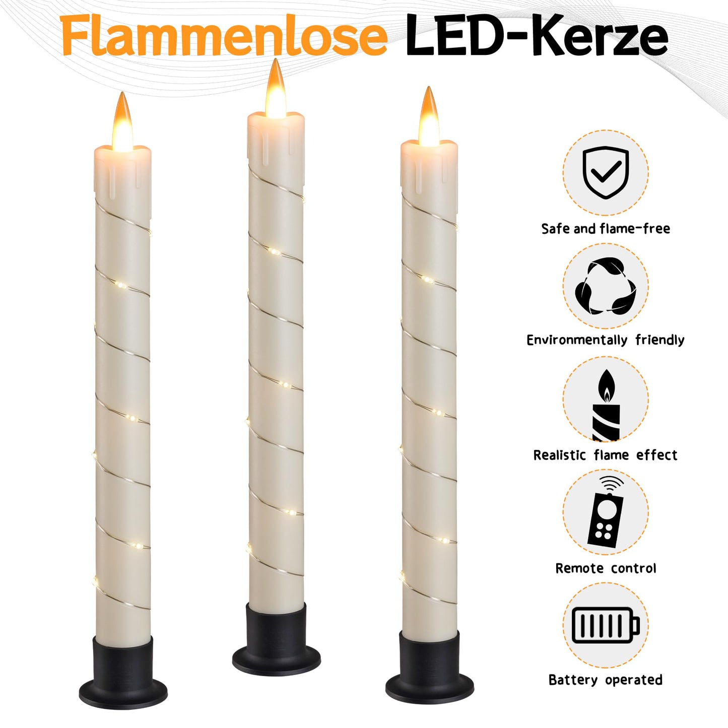3 Pack Ivory Dripping Wax Flameless Candles, Realistic Dynamic Flame LED Taper Candles with Surrounding Fairy String Lights, Remote Control Battery Operated Candles for Home Wedding Holiday Decor